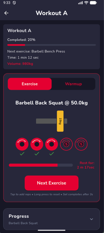 Active workout with set logging